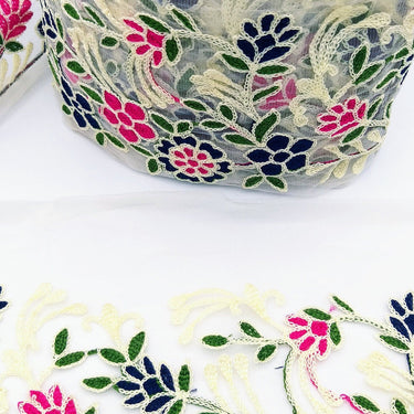 Trim By 9 Yards White Net Fabric Lace Trim with Floral Embroidery Lace Trim, Sari Border, Embroidered Trim
